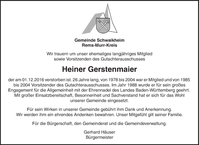  Traueranzeige für Heiner Gerstenmaier vom 06.12.2016 aus Waiblinger Kreiszeitung