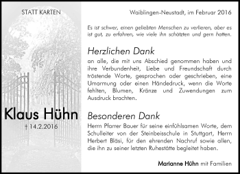Traueranzeige von Klaus Hühn von Waiblinger Kreiszeitung