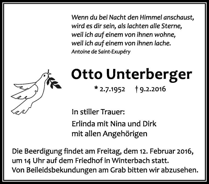  Traueranzeige für Otto Unterberger vom 10.02.2016 aus Waiblinger Kreiszeitung