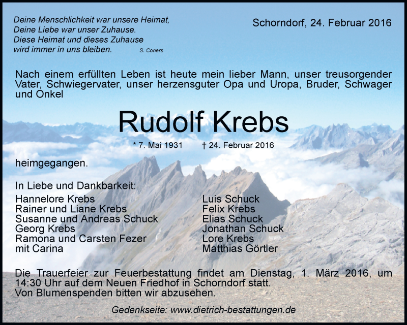  Traueranzeige für Rudolf Krebs vom 27.02.2016 aus Waiblinger Kreiszeitung