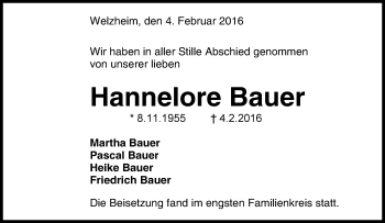 Traueranzeige von Hannelore Bauer von Waiblinger Kreiszeitung