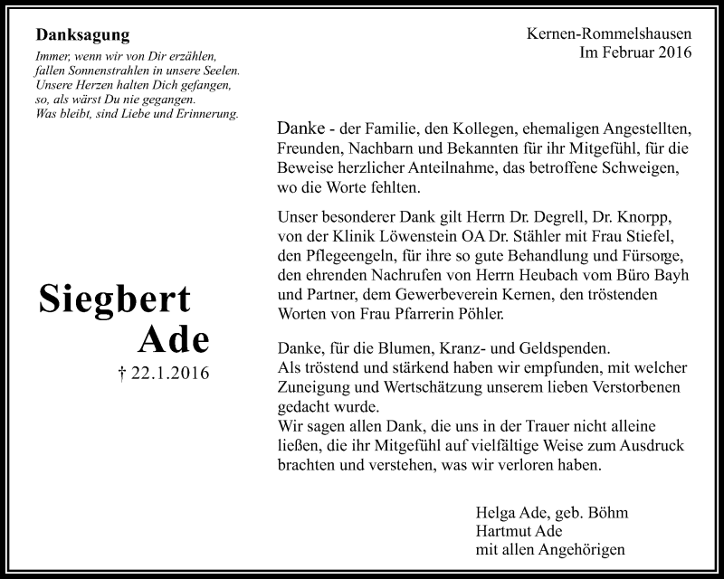 Traueranzeige für Siegbert Ade vom 13.02.2016 aus Waiblinger Kreiszeitung