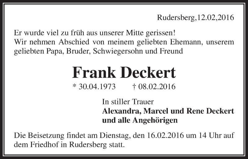  Traueranzeige für Frank Deckert vom 12.02.2016 aus Waiblinger Kreiszeitung
