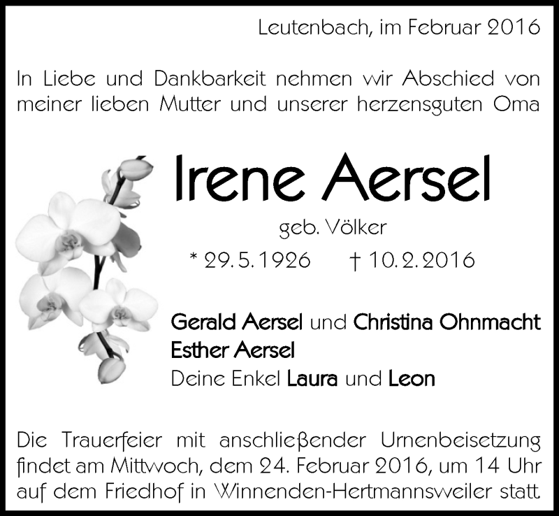  Traueranzeige für Irene Aersel vom 20.02.2016 aus Waiblinger Kreiszeitung
