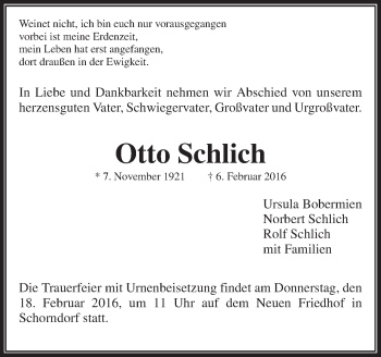 Traueranzeige von Otto Schlich von Waiblinger Kreiszeitung