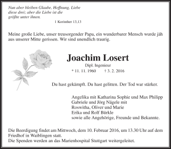 Traueranzeige von Joachim Losert von Waiblinger Kreiszeitung