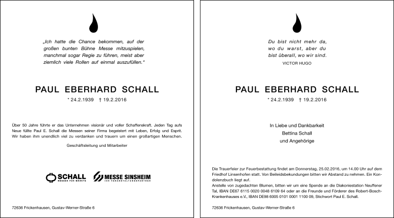  Traueranzeige für Paul Eberhard Schall vom 25.02.2016 aus Waiblinger Kreiszeitung