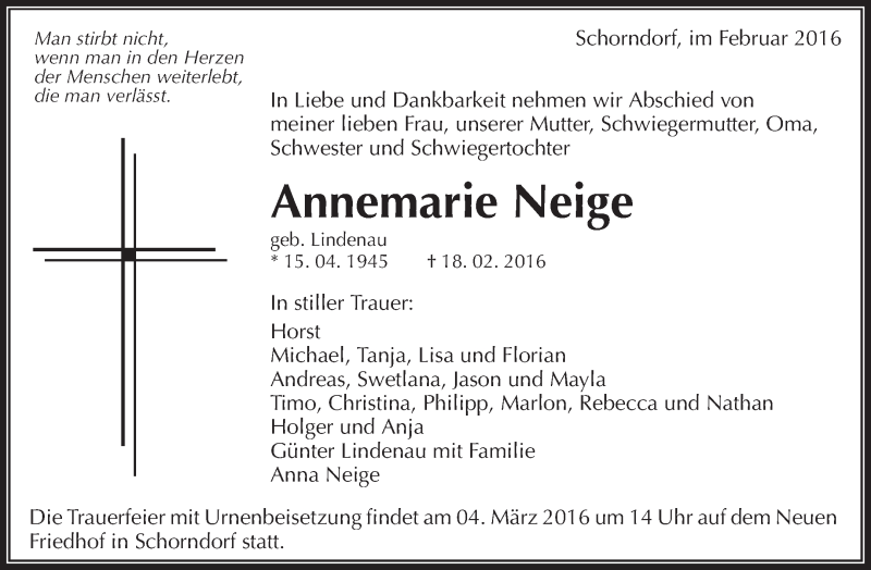  Traueranzeige für Annemarie Neige vom 25.02.2016 aus Waiblinger Kreiszeitung