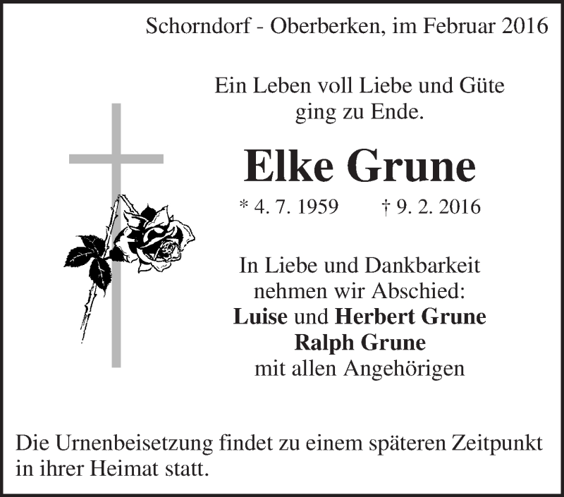  Traueranzeige für Elke Grune vom 11.02.2016 aus Waiblinger Kreiszeitung