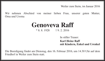 Traueranzeige von Genoveva Raff von Waiblinger Kreiszeitung