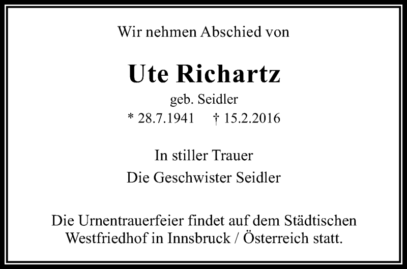  Traueranzeige für Ute Richartz vom 27.02.2016 aus Waiblinger Kreiszeitung