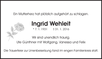 Traueranzeige von Ingrid Wehleit von Waiblinger Kreiszeitung