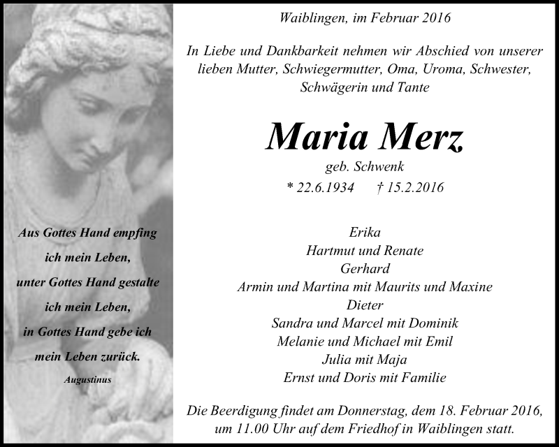  Traueranzeige für Maria Merz vom 17.02.2016 aus Waiblinger Kreiszeitung