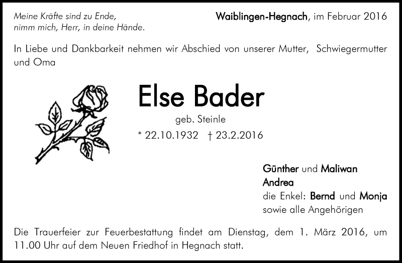  Traueranzeige für Else Bader vom 26.02.2016 aus Waiblinger Kreiszeitung