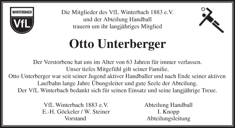  Traueranzeige für Otto Unterberger vom 12.02.2016 aus Waiblinger Kreiszeitung
