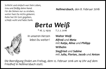 Traueranzeige von Berta Weiß von Waiblinger Kreiszeitung
