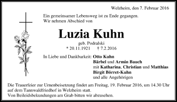 Traueranzeige von Luzia Kuhn von Waiblinger Kreiszeitung