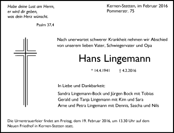 Traueranzeige von Hans Lingemann von Waiblinger Kreiszeitung