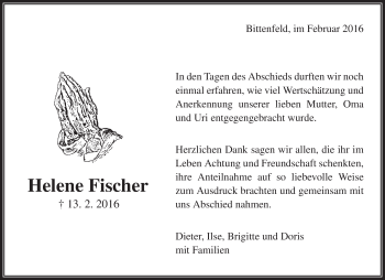 Traueranzeige von Helene Fischer von Waiblinger Kreiszeitung