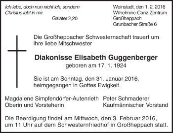 Traueranzeige von Elisabeth Guggenberger von Waiblinger Kreiszeitung
