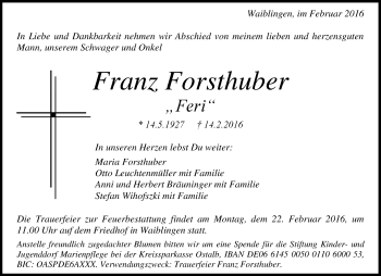 Traueranzeige von Franz Forsthuber von Waiblinger Kreiszeitung