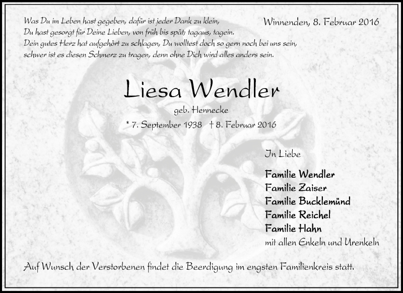  Traueranzeige für Liesa Wendler vom 11.02.2016 aus Waiblinger Kreiszeitung