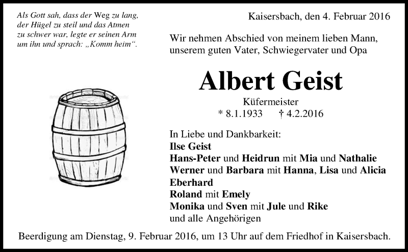  Traueranzeige für Albert Geist vom 06.02.2016 aus Waiblinger Kreiszeitung