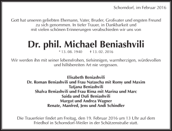 Traueranzeige von Michael Beniashvili von Waiblinger Kreiszeitung