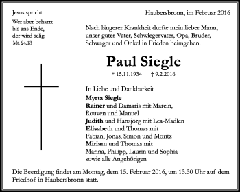 Traueranzeige von Paul Siegle von Waiblinger Kreiszeitung