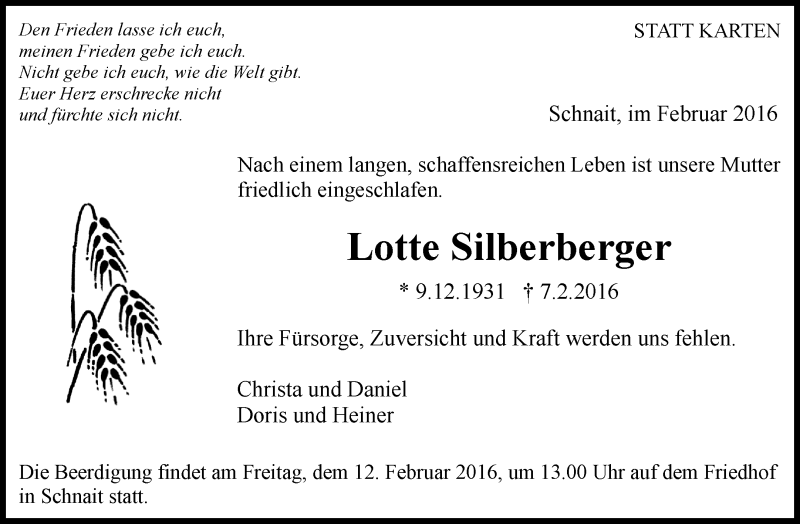 Traueranzeige für Lotte Silberberger vom 10.02.2016 aus Waiblinger Kreiszeitung