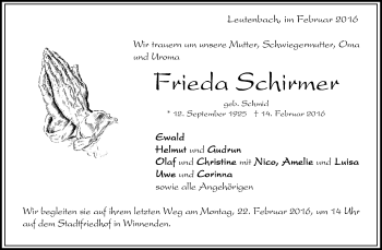 Traueranzeige von Frieda Schirmer von Waiblinger Kreiszeitung