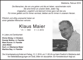 Traueranzeige von Klaus Maier von Waiblinger Kreiszeitung