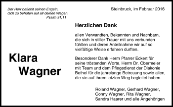 Traueranzeige von Klara Wagner von Waiblinger Kreiszeitung