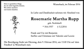 Traueranzeige von Rosemarie Martha Rupp von Waiblinger Kreiszeitung