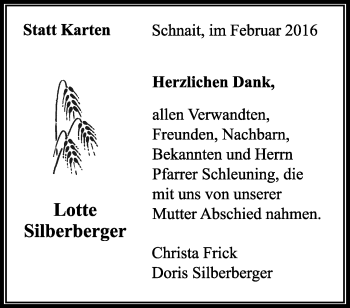 Traueranzeige von Lotte Silberberger von Waiblinger Kreiszeitung