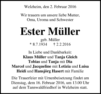 Traueranzeige von Ester Müller von Waiblinger Kreiszeitung