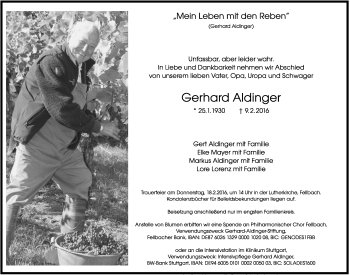 Traueranzeige von Gerhard Aldinger von Waiblinger Kreiszeitung