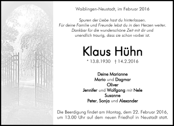 Traueranzeige von Klaus Hühn von Waiblinger Kreiszeitung