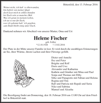 Traueranzeige von Helene Fischer von Waiblinger Kreiszeitung