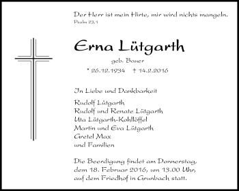 Traueranzeige von Erna Lütgarth von Waiblinger Kreiszeitung