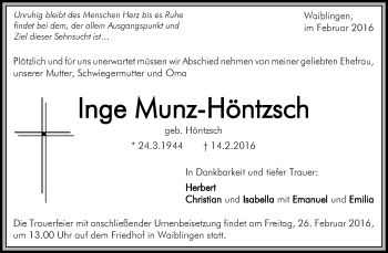 Traueranzeige von Ingeborg Munz-Höntzsch von Waiblinger Kreiszeitung