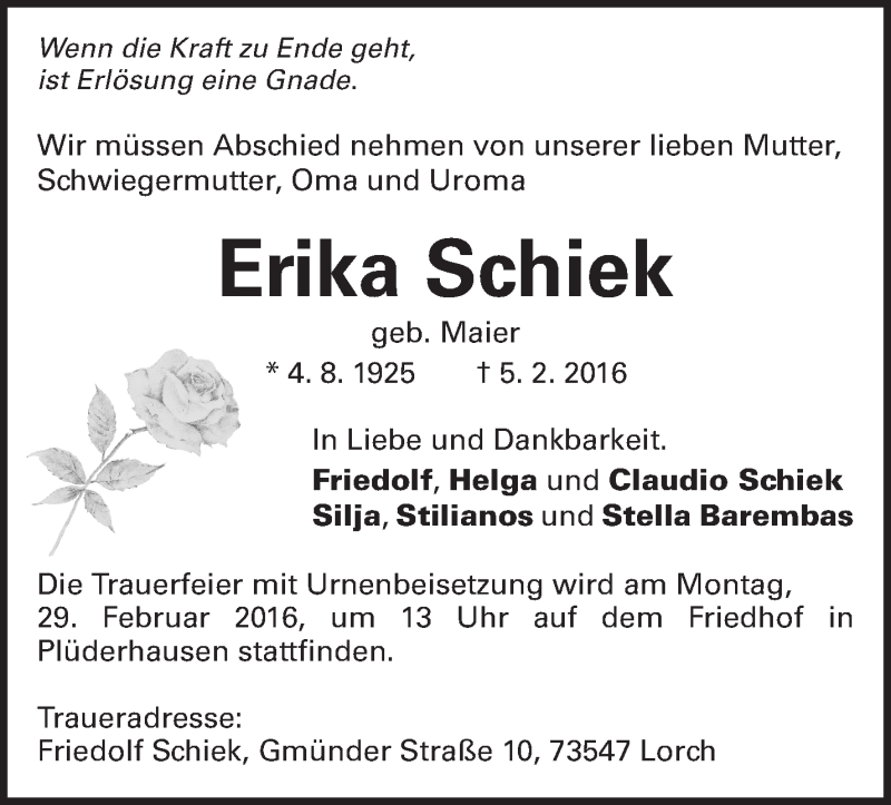  Traueranzeige für Erika Schiek vom 20.02.2016 aus Waiblinger Kreiszeitung