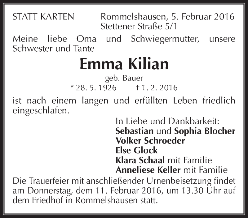  Traueranzeige für Emma Kilian vom 05.02.2016 aus Waiblinger Kreiszeitung
