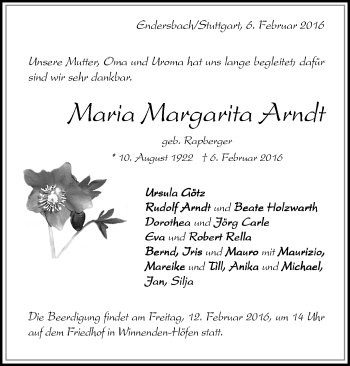 Traueranzeige von Maria Margarita Arndt von Waiblinger Kreiszeitung