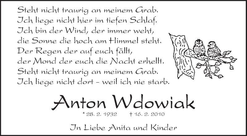  Traueranzeige für Anton Wdowiak vom 16.02.2016 aus Waiblinger Kreiszeitung