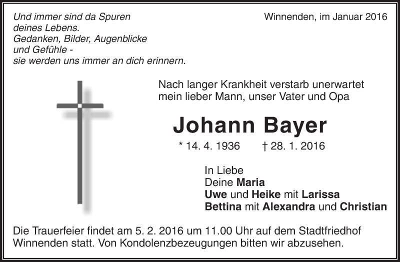  Traueranzeige für Johann Bayer vom 02.02.2016 aus Waiblinger Kreiszeitung