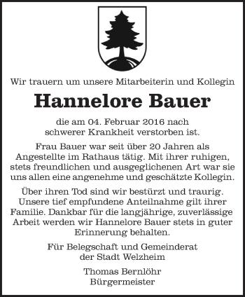 Traueranzeige von Hannelore Bauer von Waiblinger Kreiszeitung