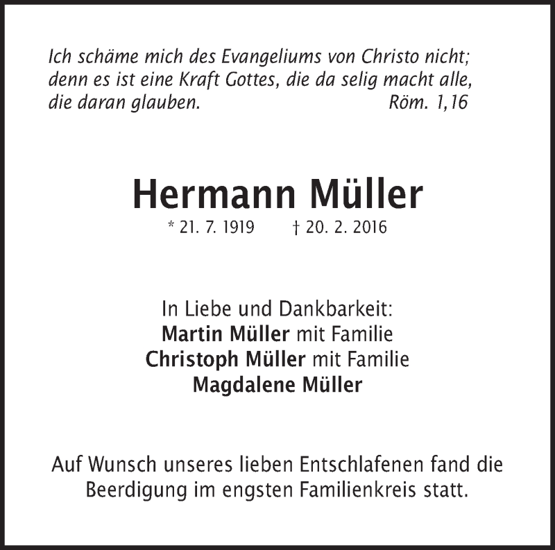  Traueranzeige für Hermann Müller vom 27.02.2016 aus Waiblinger Kreiszeitung