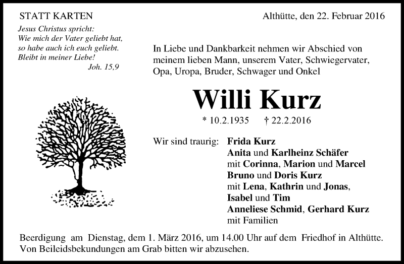  Traueranzeige für Willi Kurz vom 26.02.2016 aus Waiblinger Kreiszeitung