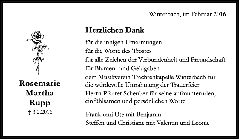  Traueranzeige für Rosemarie Martha Rupp vom 17.02.2016 aus Waiblinger Kreiszeitung